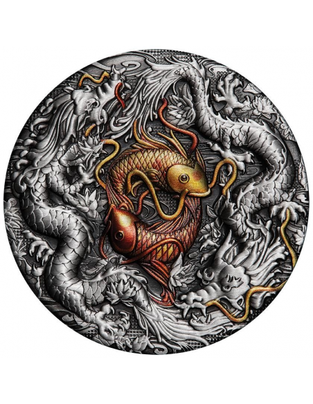 DOUBLE DRAGON AND YIN YANG KOI 2 Oz Silver Coin 2$ Tuvalu 2021 - Coins & More - Tuvalu