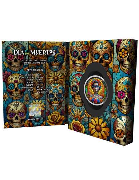 DIA DE LOS MUERTOS Edition Vitrail 1 Oz Pièce Argent Mexique 2024 - Coins & More - Mexique