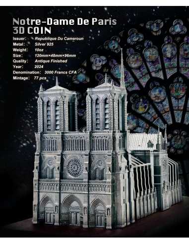 NOTRE DAME DE PARIS Moneda de Plata 3D de 10 Oz 3000 Francos Camerún 2024 - Coins & More - Camerún