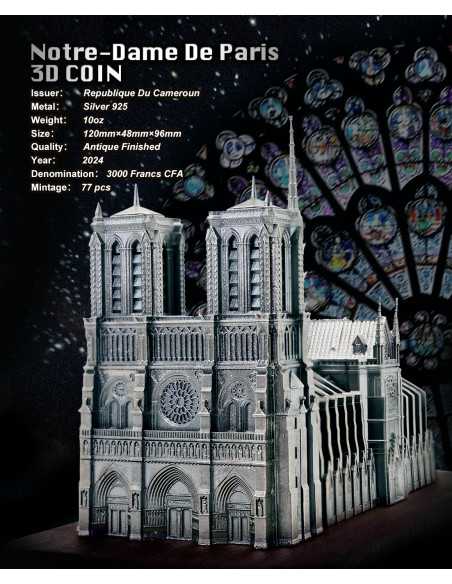 NOTRE DAME DE PARIS Moneda de Plata 3D de 10 Oz 3000 Francos Camerún 2024 - Coins & More - Camerún
