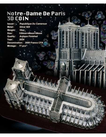 NOTRE DAME DE PARIS Moneda de Plata 3D de 10 Oz 3000 Francos Camerún 2024 - Coins & More - Camerún