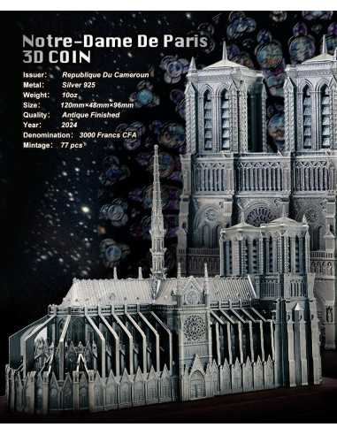 NOTRE DAME DE PARIS Moneda de Plata 3D de 10 Oz 3000 Francos Camerún 2024 - Coins & More - Camerún