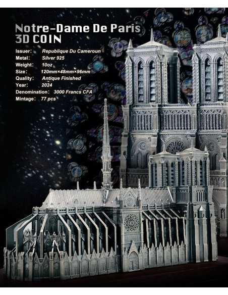 NOTRE DAME DE PARIS Moneda de Plata 3D de 10 Oz 3000 Francos Camerún 2024 - Coins & More - Camerún