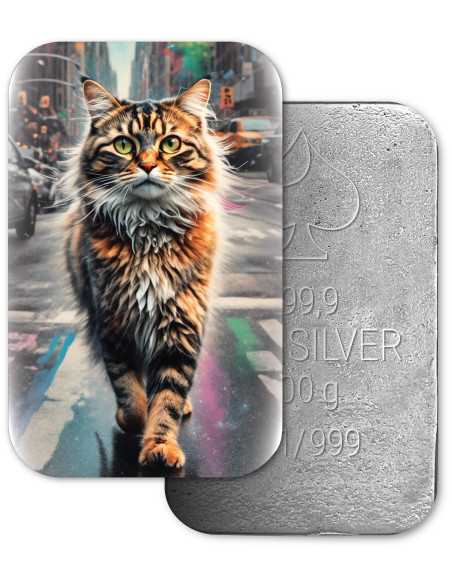 ORANGE AMERICAN SHORTHAIR IN NEW YORK Cats in the City Lingote de plata fundida de primera calidad 100 g - Coins & More - Plata