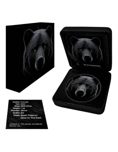BLACK BEAR Foglia d'acero fosforescente da 1 Oz d'argento 5$ Canada 2024 - Coins & More - Canada