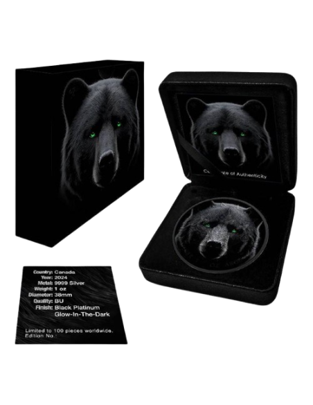 BLACK BEAR Glow In Dark Maple Leaf 1 Oz Silbermünze 5$ Kanada 2024 - Coins & More - Kanada