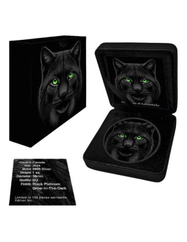 BLACK LYNX Foglia d'acero fosforescente da 1 Oz d'argento, moneta da 5$ Canada 2024 - Coins & More - Canada