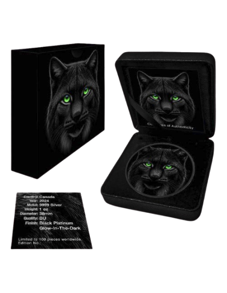 BLACK LYNX Foglia d'acero fosforescente da 1 Oz d'argento, moneta da 5$ Canada 2024 - Coins & More - Canada