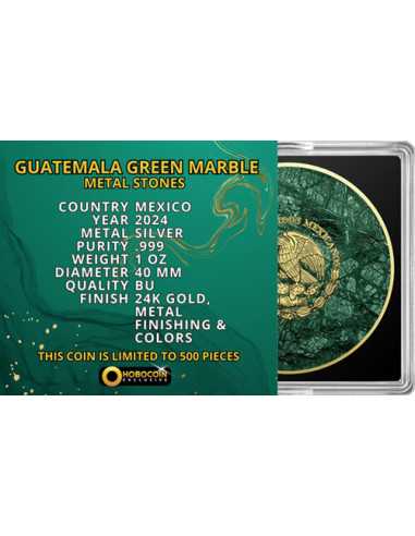 GUATEMALA GREEN MARBLE Metal Stones 1 Oz Silver Coin Mexico 2024 - Coins & More - Mexico