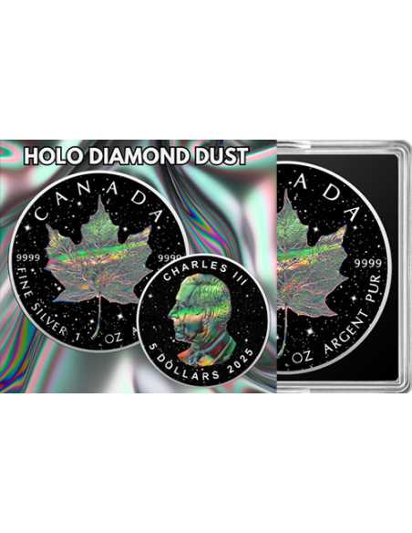 HOLO POLVERE DI DIAMANTE Foglia d'acero 1 Oz Moneta d'Argento 5$ Canada 2025 - Coins & More - Canada