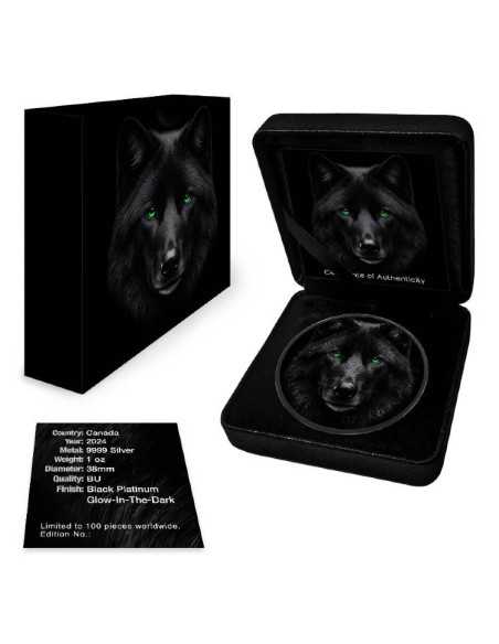 MAPLE LEAF Black Wolf with Glow In The Dark Eyes 1oz Silver 5$ Canada 2024 - Coins & More - Canada