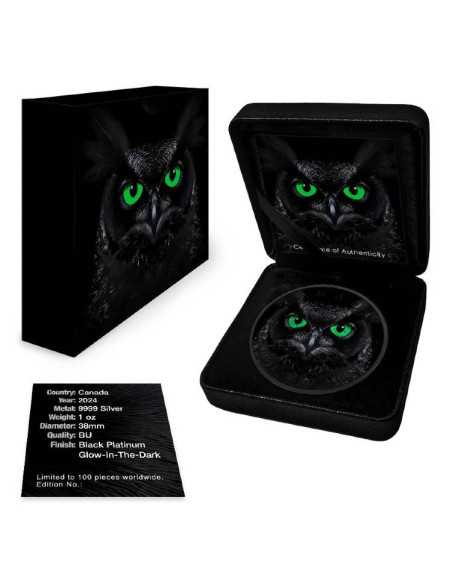 MAPLE LEAF Hibou noir avec yeux phosphorescents 1oz Argent 5$ Canada 2024 - Coins & More - Canada