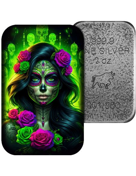 RADIOACTIVE CATRINA Dia De Los Muertos Premium Cast Bar 2 Oz Silber - Coins & More - Silber