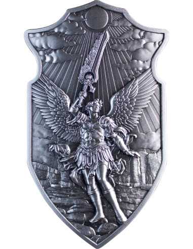 EL ESCUDO DE SAN URIEL 2 Oz Acabado Antiguo Apilador de Plata - Coins & More - Plata