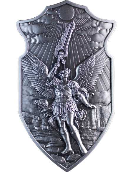 EL ESCUDO DE SAN URIEL 2 Oz Acabado Antiguo Apilador de Plata - Coins & More - Plata