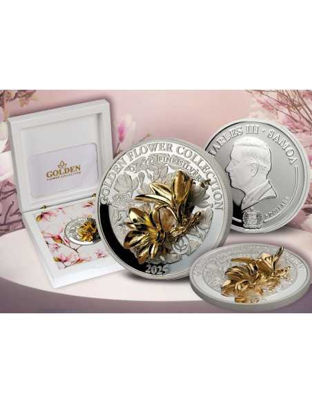 MAGNOLIA Goldene Blume Kollektion 1 Oz Silbermünze 5$ Samoa 2025 - Coins & More - Samoa