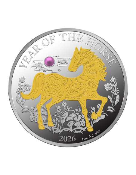 JAHR DES PFERDES Chinesisches Mondjahr Süßwasserperle 1 Oz Silbermünze 20 Vatu Vanuatu 2026 - Coins & More - Ozanien