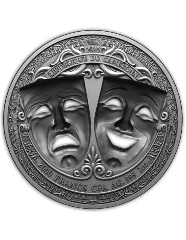 TRAGEDY AND COMEDY 2 Oz Holed 3D Mask Shaped Silbermünze 2000 Francs Kamerun 2025 - Coins & More - Kamerun