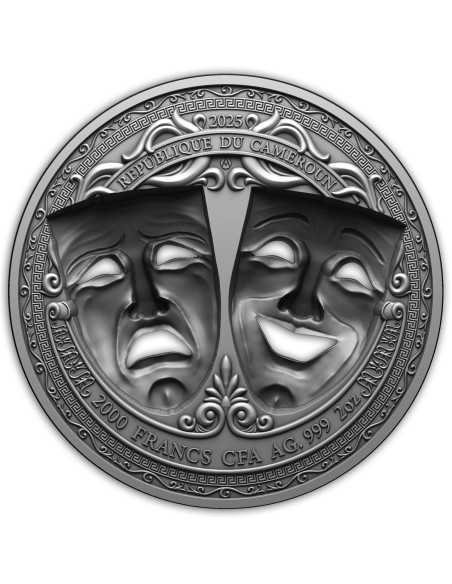 TRAGEDY AND COMEDY 2 Oz Holed 3D Mask Shaped Silbermünze 2000 Francs Kamerun 2025 - Coins & More - Kamerun