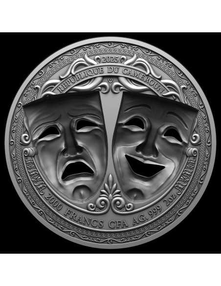 TRAGEDY AND COMEDY 2 Oz Holed 3D Mask Shaped Silbermünze 2000 Francs Kamerun 2025 - Coins & More - Kamerun