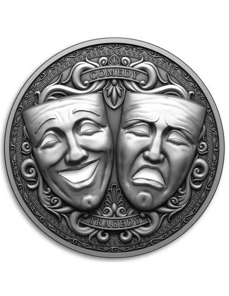 TRAGEDY AND COMEDY 2 Oz Holed 3D Mask Shaped Silbermünze 2000 Francs Kamerun 2025 - Coins & More - Kamerun