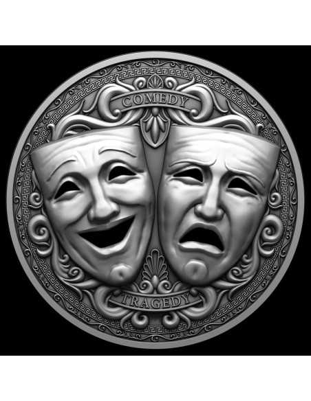 TRAGEDY AND COMEDY 2 Oz Holed 3D Mask Shaped Silbermünze 2000 Francs Kamerun 2025 - Coins & More - Kamerun