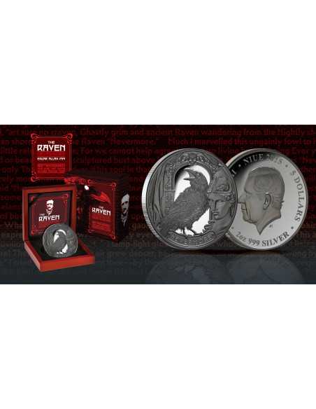 DER RABEN Edgar Allan Poe 2 Oz Silbermünze 5$ Niue 2025 - Coins & More - Niue