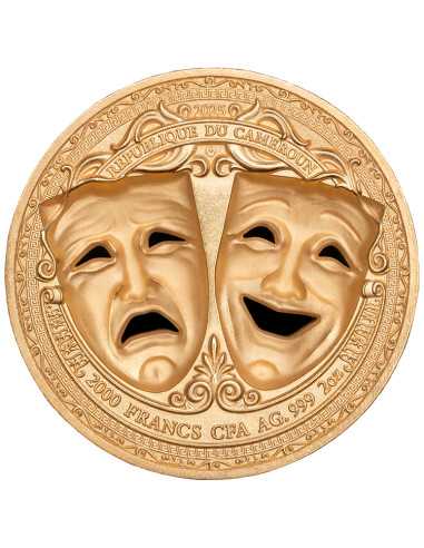 TRAGEDY AND COMEDY 2 Oz Gold Plated Holed 3D Mask Shaped Silver Coin 2000 Francs Cameroon 2025 - Coins & More - Cameroun