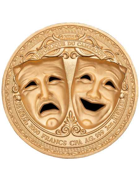 TRAGEDY AND COMEDY 2 Oz Gold Plated Holed 3D Mask Shaped Silver Coin 2000 Francs Cameroon 2025 - Coins & More - Cameroun