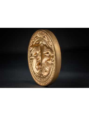 TRAGEDY AND COMEDY 2 Oz Gold Plated Holed 3D Mask Shaped Silver Coin 2000 Francs Cameroon 2025 - Coins & More - Cameroun