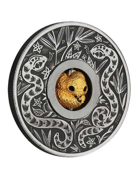 JAHR DER SCHLANGE DREHENDE CHARME Vergoldete 1 Oz Silbermünze 1$ Tuvalu 2025 - Coins & More - Tuvalu