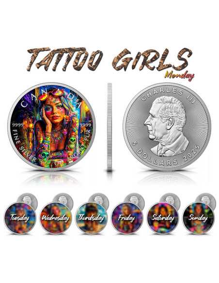 LUNEDI' Ragazze tatuate 1 Oz Moneta d'Argento 5$ Canada 2025 - Coins & More - Canada