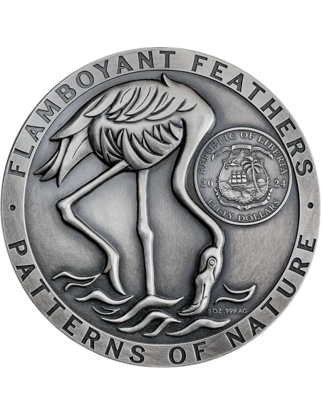 FLAMINGOS Patrones de la Naturaleza Moneda de Plata de 5 Oz 50$ Liberia 2024 - Coins & More - Liberia