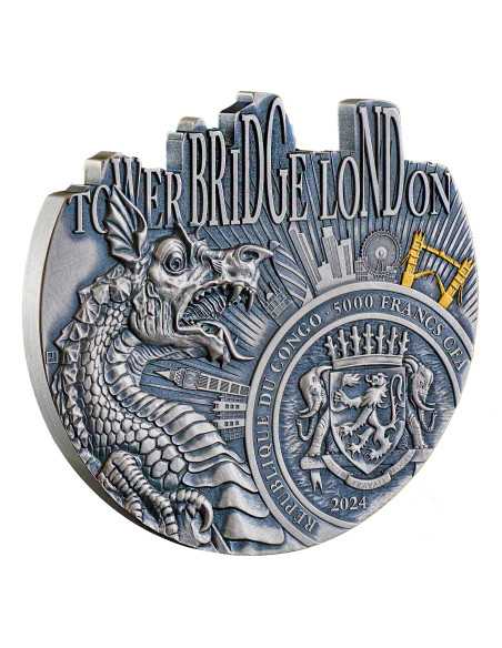 TOWER BRIDGE World Famous Bridges Shaped 5 Oz Silbermünze 5000 Francs Congo 2024 - Coins & More - Afrika