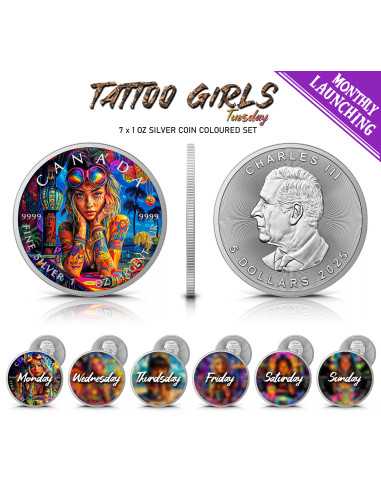 TUESDAY Tattoo Girls 1 Oz Silver Coin 5$ Canada 2025 - Coins & More - Canada