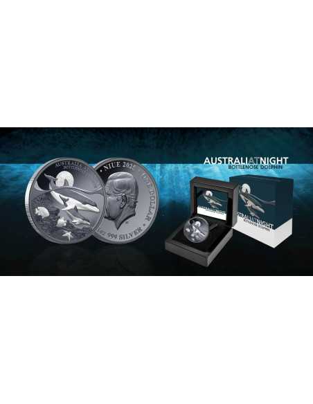 BOTTLENOSE DOLFIN Moneta d'argento da 1 Oz Australia di notte 1$ Niue 2025 - Coins & More - Niue