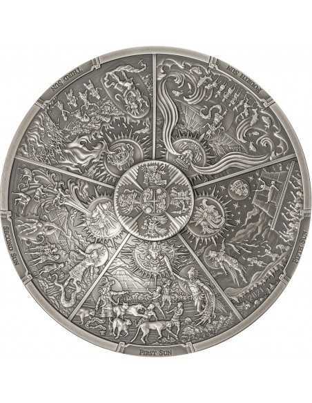 AZTEC FIVE SUNS Ages of Man Creation of World 3 Oz Silver Coin 20$ Palau 2021