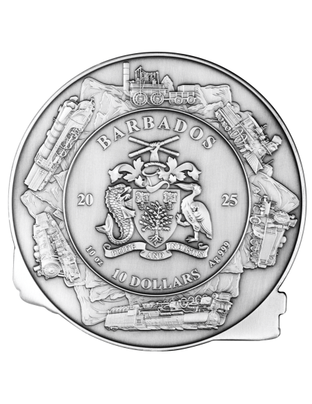 200° ANNIVERSARIO DELLA PRIMA FERROVIA A VAPORE PUBBLICA Moneta d'argento da 10 Oz. 10$ Barbados 2025 - Coins & More - Barbados