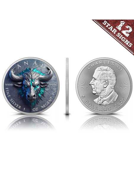 TAURO Zodiaco di pietra Moneta d'argento da 1 Oz 5$ Canada 2025 - Coins & More - Canada