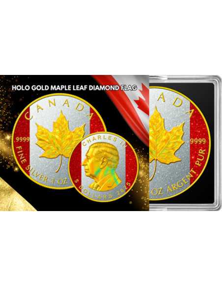 HOLO ORO MAPLE LEAF DIAMOND FLAG 1 Oz Silver Coin 5$ Canada 2025 - Coins & More - Canada
