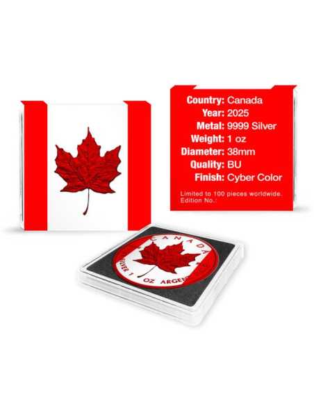 CYBER RED CANADA FLAG Moneda de Plata de 1 Oz 5$ Canadá 2025 - Coins & More - Canada