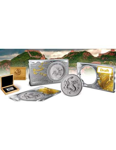 GOLD PLATED CHINESE SILVER DRAGON COIN IN A BAR 2 Oz + 1 Oz Set Coin 10 Yuan China 2025 - Coins & More - Mexico