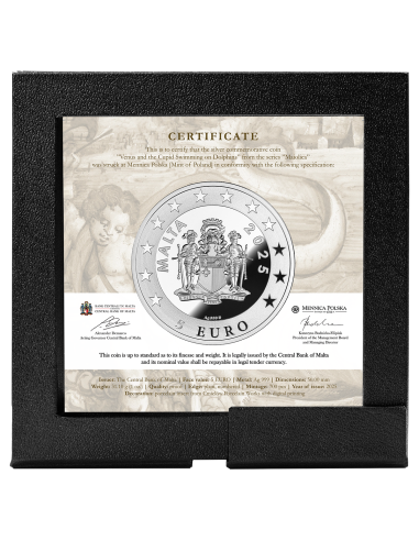 VENUS UND KUPIDE SCHWIMMEN AUF DOLPHINEN Maiolica 1 Oz Silbermünze 5€ Euro Malta 2025 - Coins & More - Europa