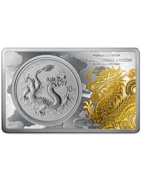 GOLD PLATED CHINESE SILVER DRAGON COIN IN A BAR 2 Oz + 1 Oz Set Coin 10 Yuan China 2025 - Coins & More - Mexico