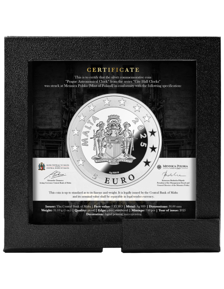 PRAGUE City Hall Clocks 1 Oz Silver Coin 5€ Euro Malta 2025 - Coins & More - Europa