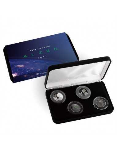 ALIEN 4 COINS SET Silver & Rhodium Glow in Dark Coin 2 Cedis Ghana 2021 - Coins & More - Africa
