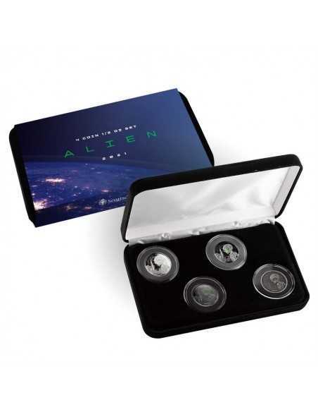 ALIEN 4 COINS SET Silver & Rhodium Glow in Dark Coin 2 Cedis Ghana 2021 - Coins & More - Africa