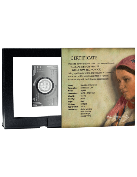 GIRL FROM BRONOWICE Józef Chełmoński Silver Coin 500 Francs Cameroon 2025 - Coins & More - Cameroun