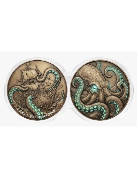 KRAKEN Glow in the Dark 2x 1/2Kg Kilo Copper Medal - Coins & More - Kupfer