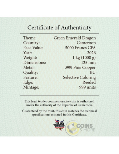 GREEN EMERALD DRAGON 1Kg Kilo Copper Medal 2026 - Coins & More - Cobre